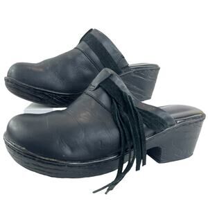 b.o.c. Fringe Leather Mules Black 6‎ Slip On Open Back Chunky Heel Clogs Shoe